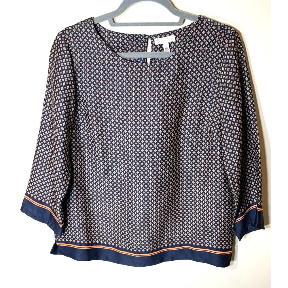 Lila Rose Blouse Womens Small Navy‎ Blue Foulard Print Boxy Silky Career EUC